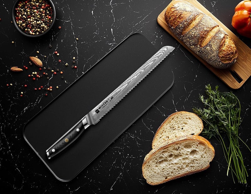 WIZEKA 10 inch Damascus Serrated Bread Knife for Homemade Bread: Razor Sharp VG10 Damascus Steel Multifunction Serrated Knife for Slicing Homemade Bread, Bagels, Cake - Image 5
